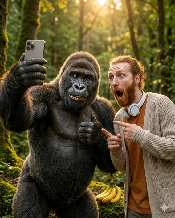 Lustiges Gorilla-Selfie mit schockiertem Mann