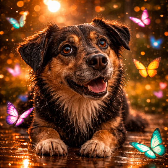 Hund mit Schmetterlingen im goldenen Licht