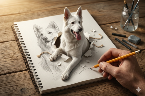 Weißer Schäferhund als kreative 3D-Zeichnung