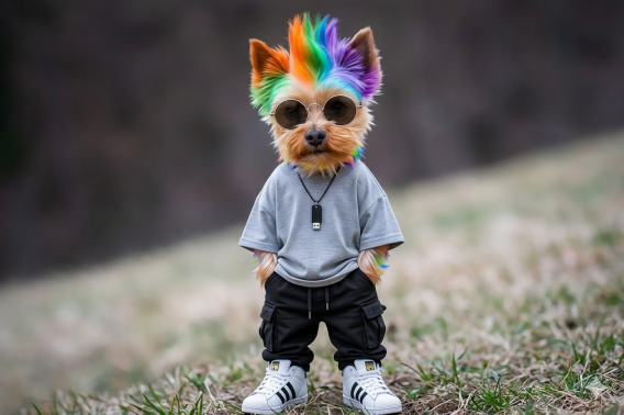 Punk-Yorkie im Streetwear-Look