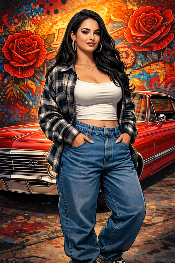 Chicano Street Art Portrait mit Lowrider und Rosen Graffiti