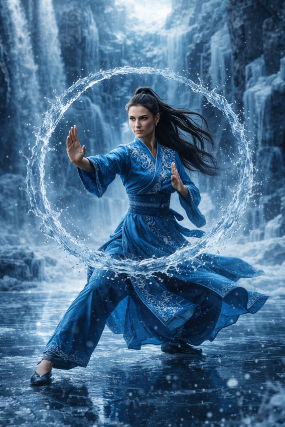 Kung Fu Meisterin mit Wasserkraft im Eis-Canyon