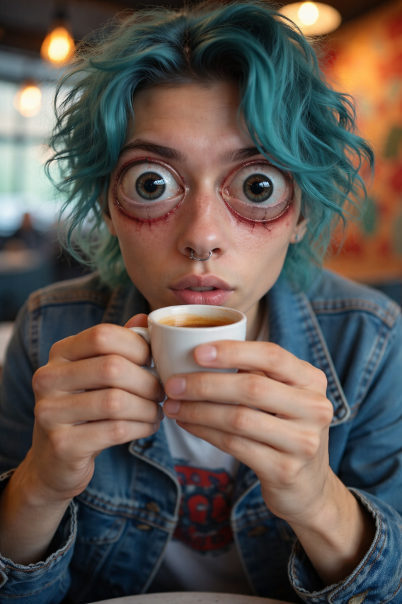Surreales Kaffee-Porträt mit übergroßen Augen