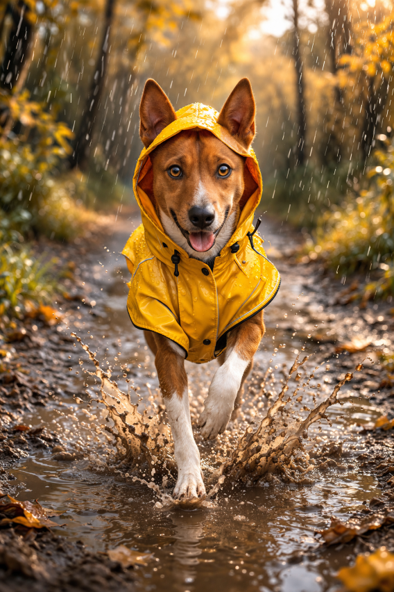 Majestätischer Hund im Regen mit gelbem Regenmantel