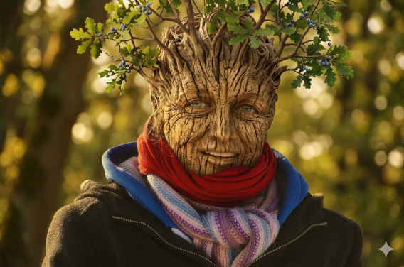 Frau mit Gesicht aus Eichenrinde und Ästen